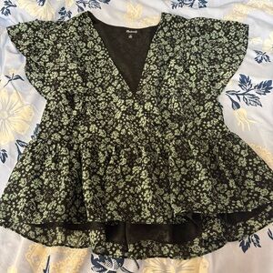 Green floral V-neck babydoll flowy blouse
